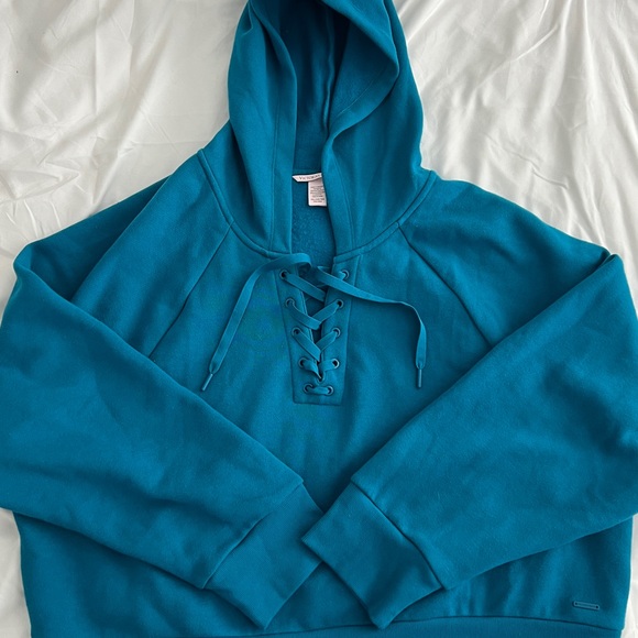 Victoria's Secret Sweaters - Victoria's Secret Teal cotton Fleece Lace-Up Hoodie XXL